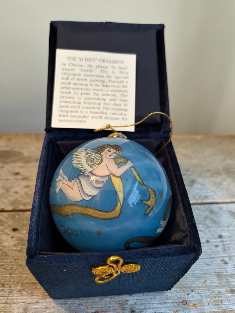 Hand-Painted Angel "Li Bien" Ornament 2001 Blue Glass With Box Joyeux Noel Chris